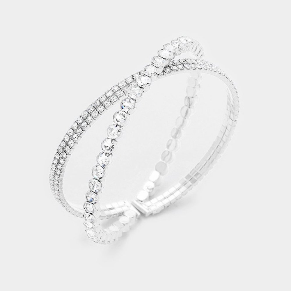 Crystal Bracelet  Criss Cross Open Cuff Silver